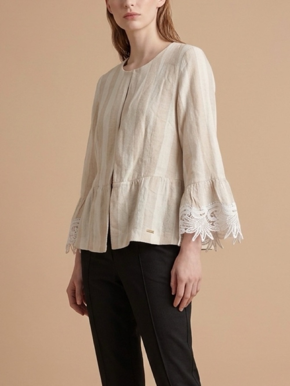 Small Ellen Tracey open blazer cardigan pinstripes with lace, beige